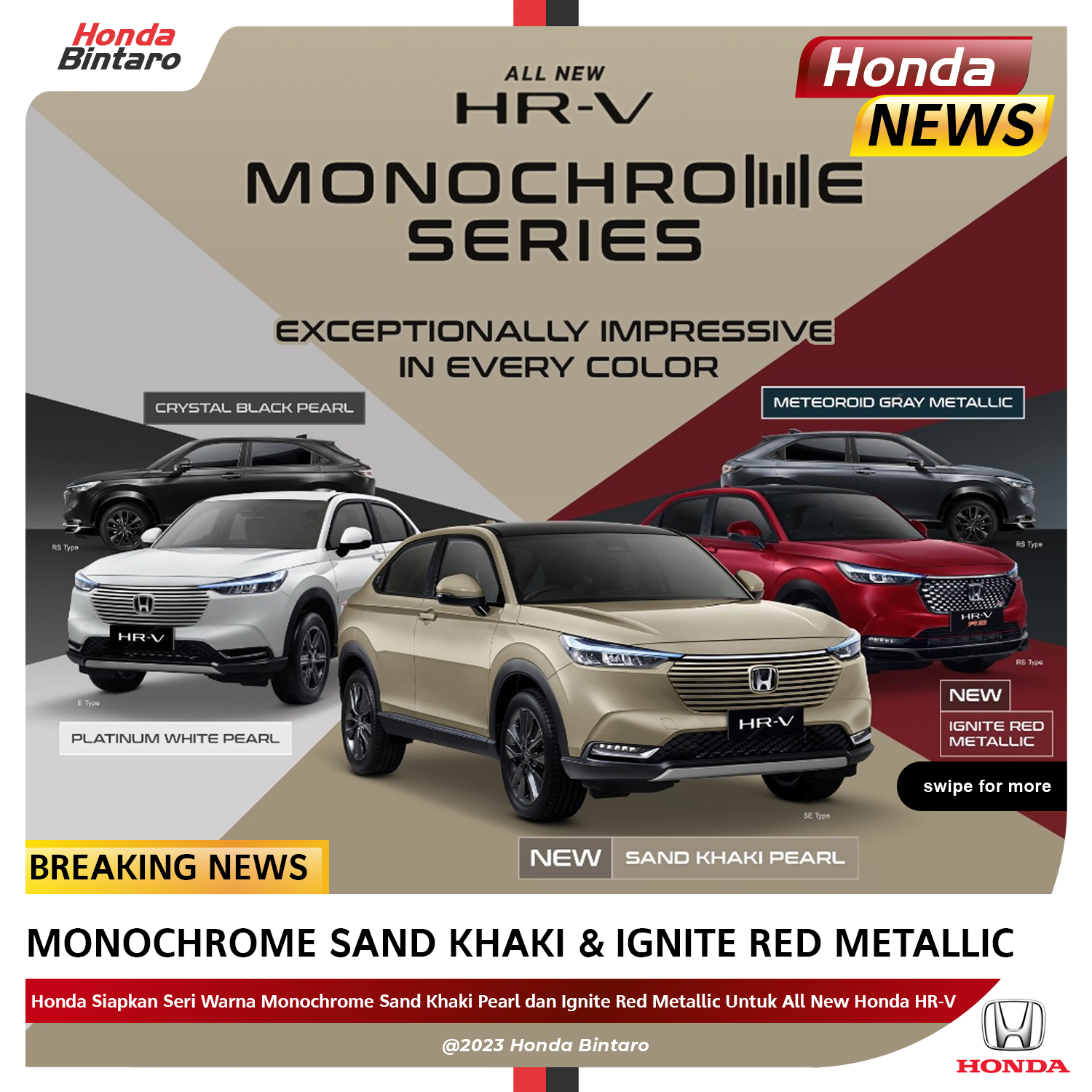All New Honda HR-V Hadir dengan Seri Warna Baru: Monochrome Sand Khaki Pearl dan Ignite Red Metallic