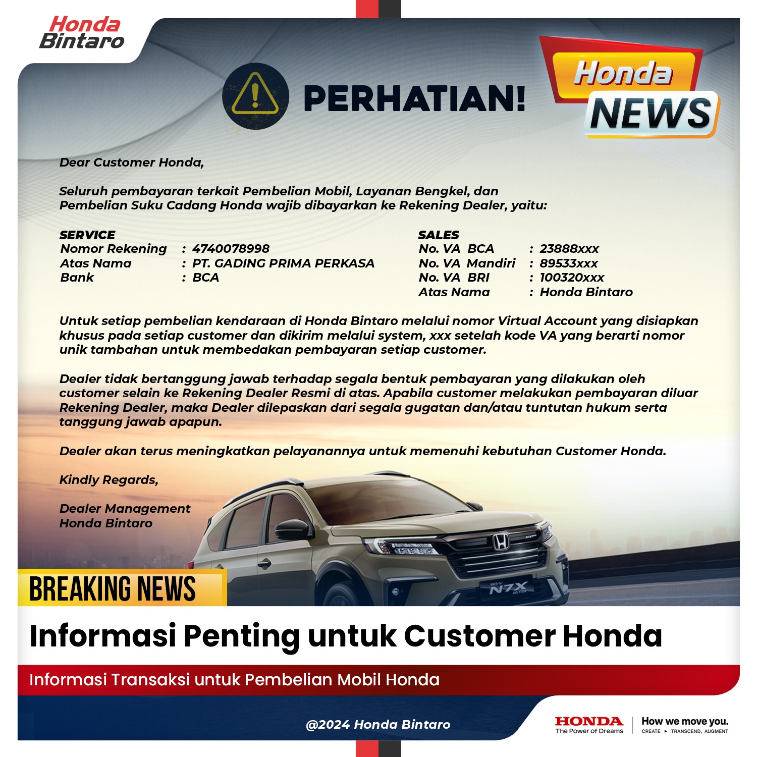 Informasi Transaksi Honda Bintaro Informasi Penting untuk Customer Honda Bintaro