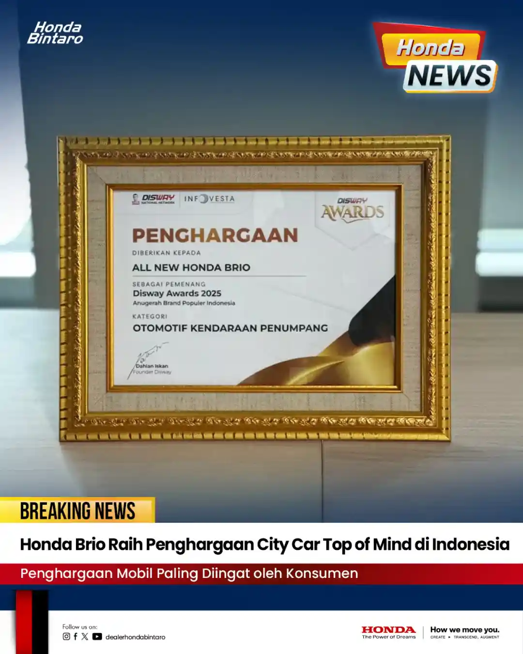 Honda Brio Raih Penghargaan City Car Top of Mind di Indonesia