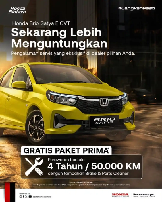 Punya Honda Brio Satya E CVT Kini Lebih Untung dengan Gratis Paket Prima!