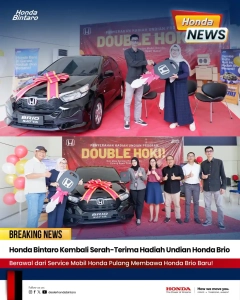 Honda Bintaro Kembali Serah-Terima Hadiah Undian Honda Brio Hai teman Honda! Honda Bintaro kembali melaksanakan serah terima hadiah Program Double Hoki periode Mei 2026 kepada salah satu pelanggan beruntung. Hadiah berupa 1 unit Honda Brio S CVT warna Crystal Black Pearl diserahkan secara langsung di showroom Honda Bintaro sebagai bentuk apresiasi kepada pelanggan setia Honda. Prosesi penyerahan hadiah berlangsung di showroom Honda Bintaro dan dilakukan secara simbolis oleh Rofiq Maulana, Service Asst. Manager Honda Bintaro, kepada Ibu Yura Susanty Syam, yang sebelumnya terpilih sebagai salah satu dari 8 pemenang undian Honda Brio pada periode Mei 2026. Program ini merupakan bagian dari inisiatif Honda Jakarta Center untuk memberikan apresiasi kepada pelanggan yang melakukan pembelian kendaraan maupun servis di dealer-dealer resmi Honda yang berpartisipasi di wilayah Jabodetabek. Perlu diketahui, Program Double Hoki tidak berlaku di seluruh jaringan dealer Honda. Beberapa dealer yang tidak berpartisipasi dalam program ini antara lain Honda Fatmawati, Honda Internusa Cibinong, Honda Maju Pondok Indah, Honda Pluit, Honda Pondok Indah, Honda Pradana Sawangan, Honda Pradana (BP) Karang Tengah, serta beberapa dealer lainnya. Oleh karena itu, pelanggan yang melakukan pembelian kendaraan atau servis di dealer tersebut tidak memperoleh kupon undian Honda Brio. Bagi pelanggan yang belum berkesempatan menjadi pemenang pada periode Mei 2026, kesempatan masih terbuka lebar. Program Double Hoki akan terus diadakan setiap bulan, sehingga setiap pembelian mobil Honda maupun servis berkala di Honda Bintaro akan memberikan peluang untuk mengikuti undian berikutnya. Untuk mengetahui informasi lengkap mengenai Program Double Hoki, pelanggan dapat mengunjungi website Honda Jakarta Center atau mengikuti akun media sosial resmi @dealerhondabintaro agar tidak ketinggalan informasi terbaru mengenai promo dan program menarik dari Honda Bintaro. Baca juga: Honda Racing Indonesia (HRI) Kembali Berlaga di Mandalika
