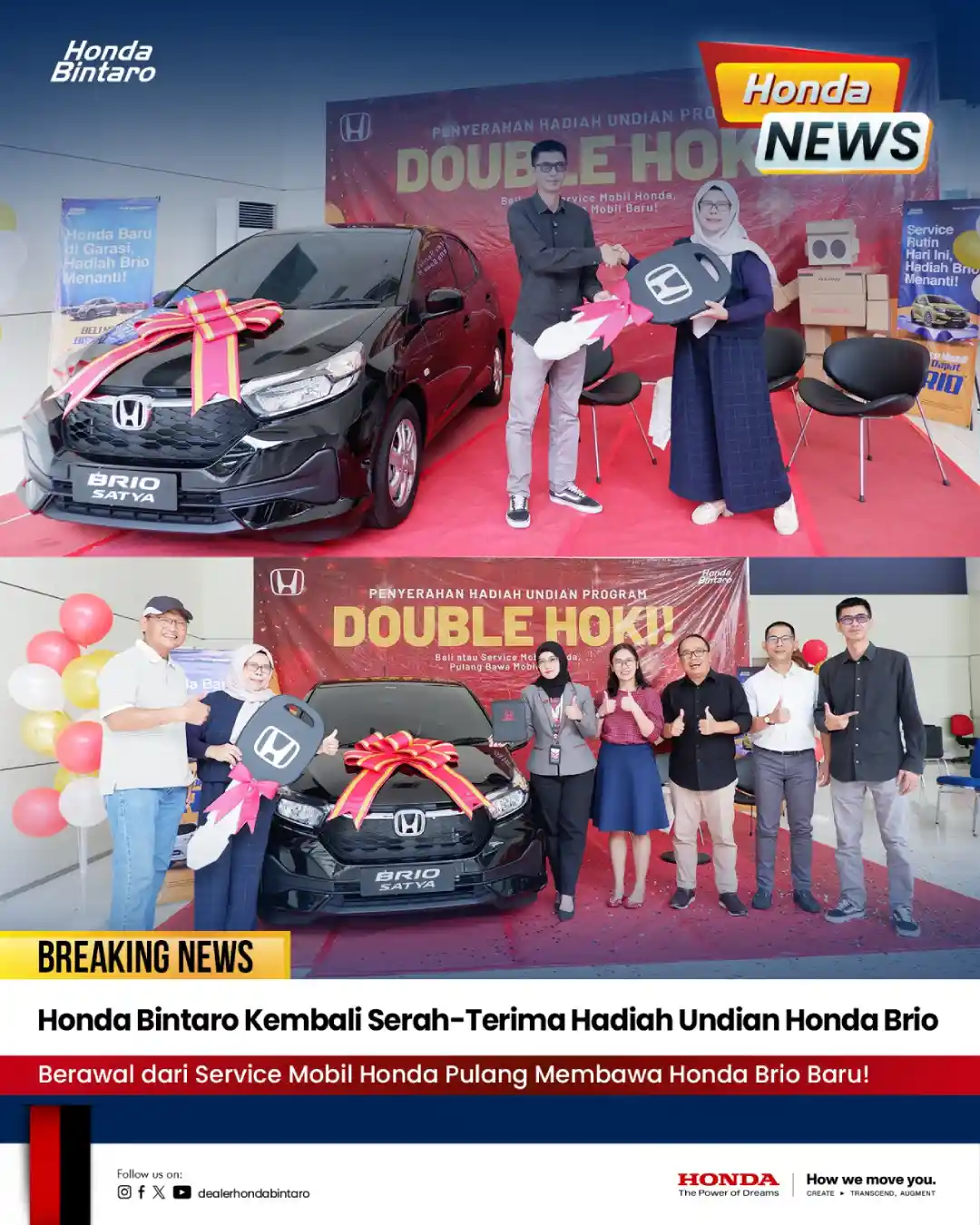Honda Bintaro Kembali Serah-Terima Hadiah Undian Honda Brio Hai teman Honda! Honda Bintaro kembali melaksanakan serah terima hadiah Program Double Hoki periode Mei 2026 kepada salah satu pelanggan beruntung. Hadiah berupa 1 unit Honda Brio S CVT warna Crystal Black Pearl diserahkan secara langsung di showroom Honda Bintaro sebagai bentuk apresiasi kepada pelanggan setia Honda. Prosesi penyerahan hadiah berlangsung di showroom Honda Bintaro dan dilakukan secara simbolis oleh Rofiq Maulana, Service Asst. Manager Honda Bintaro, kepada Ibu Yura Susanty Syam, yang sebelumnya terpilih sebagai salah satu dari 8 pemenang undian Honda Brio pada periode Mei 2026. Program ini merupakan bagian dari inisiatif Honda Jakarta Center untuk memberikan apresiasi kepada pelanggan yang melakukan pembelian kendaraan maupun servis di dealer-dealer resmi Honda yang berpartisipasi di wilayah Jabodetabek. Perlu diketahui, Program Double Hoki tidak berlaku di seluruh jaringan dealer Honda. Beberapa dealer yang tidak berpartisipasi dalam program ini antara lain Honda Fatmawati, Honda Internusa Cibinong, Honda Maju Pondok Indah, Honda Pluit, Honda Pondok Indah, Honda Pradana Sawangan, Honda Pradana (BP) Karang Tengah, serta beberapa dealer lainnya. Oleh karena itu, pelanggan yang melakukan pembelian kendaraan atau servis di dealer tersebut tidak memperoleh kupon undian Honda Brio. Bagi pelanggan yang belum berkesempatan menjadi pemenang pada periode Mei 2026, kesempatan masih terbuka lebar. Program Double Hoki akan terus diadakan setiap bulan, sehingga setiap pembelian mobil Honda maupun servis berkala di Honda Bintaro akan memberikan peluang untuk mengikuti undian berikutnya. Untuk mengetahui informasi lengkap mengenai Program Double Hoki, pelanggan dapat mengunjungi website Honda Jakarta Center atau mengikuti akun media sosial resmi @dealerhondabintaro agar tidak ketinggalan informasi terbaru mengenai promo dan program menarik dari Honda Bintaro. Baca juga: Honda Racing Indonesia (HRI) Kembali Berlaga di Mandalika